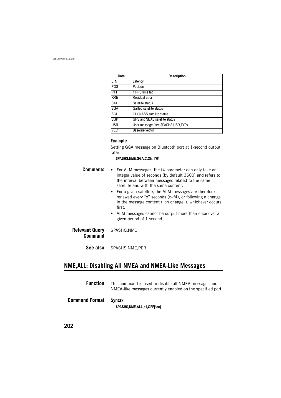 Nme,all: disabling all nmea and nmea-like messages, Comments, Relevant query command | See also, Function, Command format | Spectra Precision ProMark 800 Reference Manual User Manual | Page 214 / 428