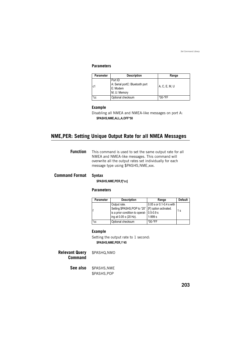 Function, Command format, Relevant query command | See also | Spectra Precision ProMark 800 Reference Manual User Manual | Page 215 / 428