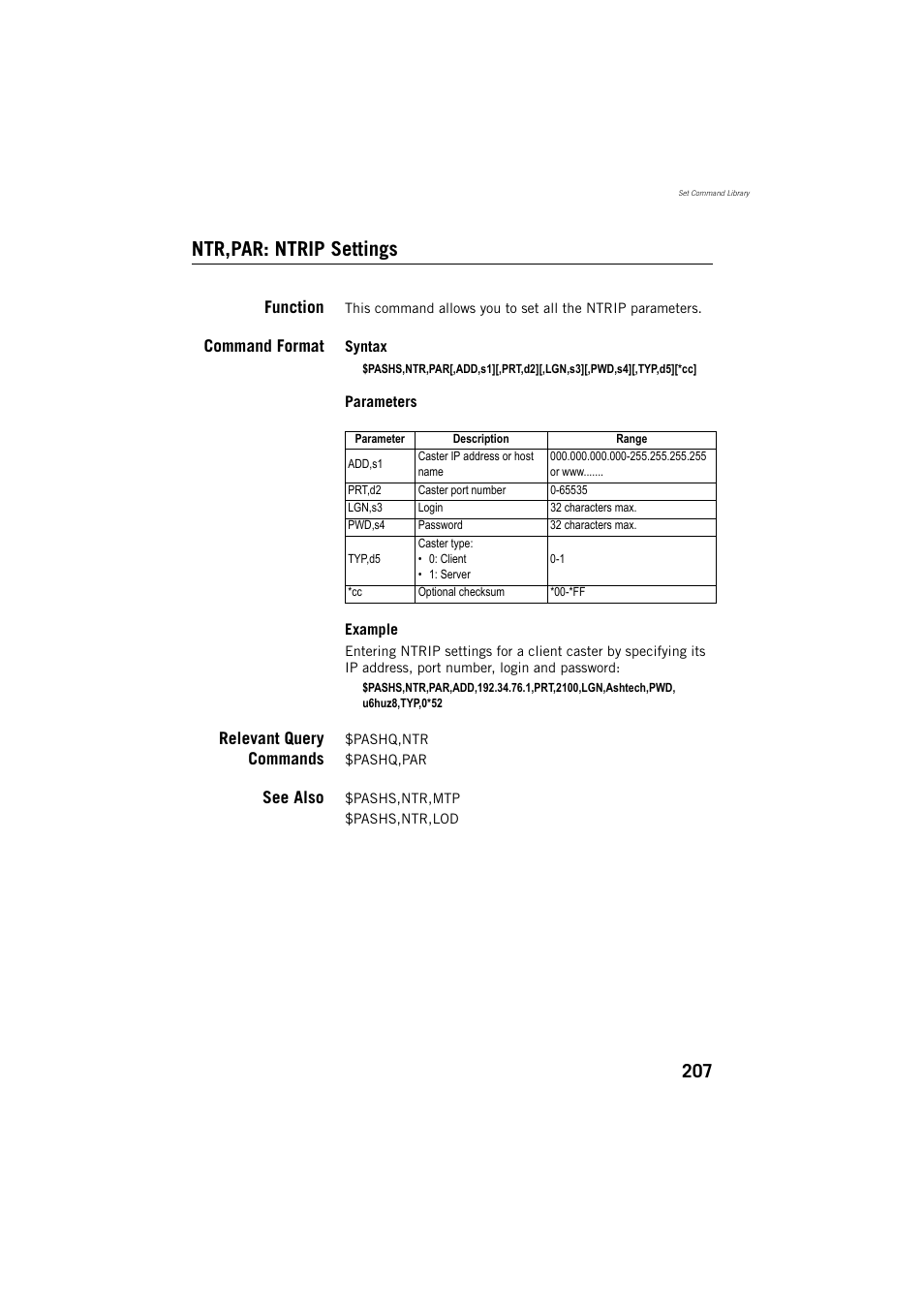 Ntr,par: ntrip settings, Function, Command format | Relevant query commands, See also | Spectra Precision ProMark 800 Reference Manual User Manual | Page 219 / 428