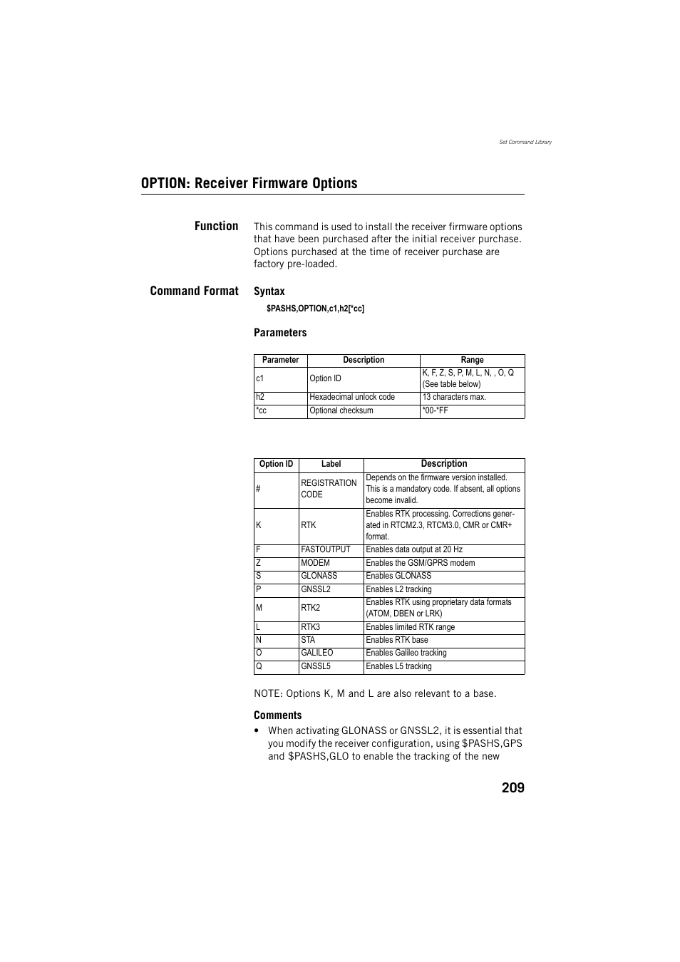 Option: receiver firmware options, To option: receiver firmware, Function | Command format | Spectra Precision ProMark 800 Reference Manual User Manual | Page 221 / 428