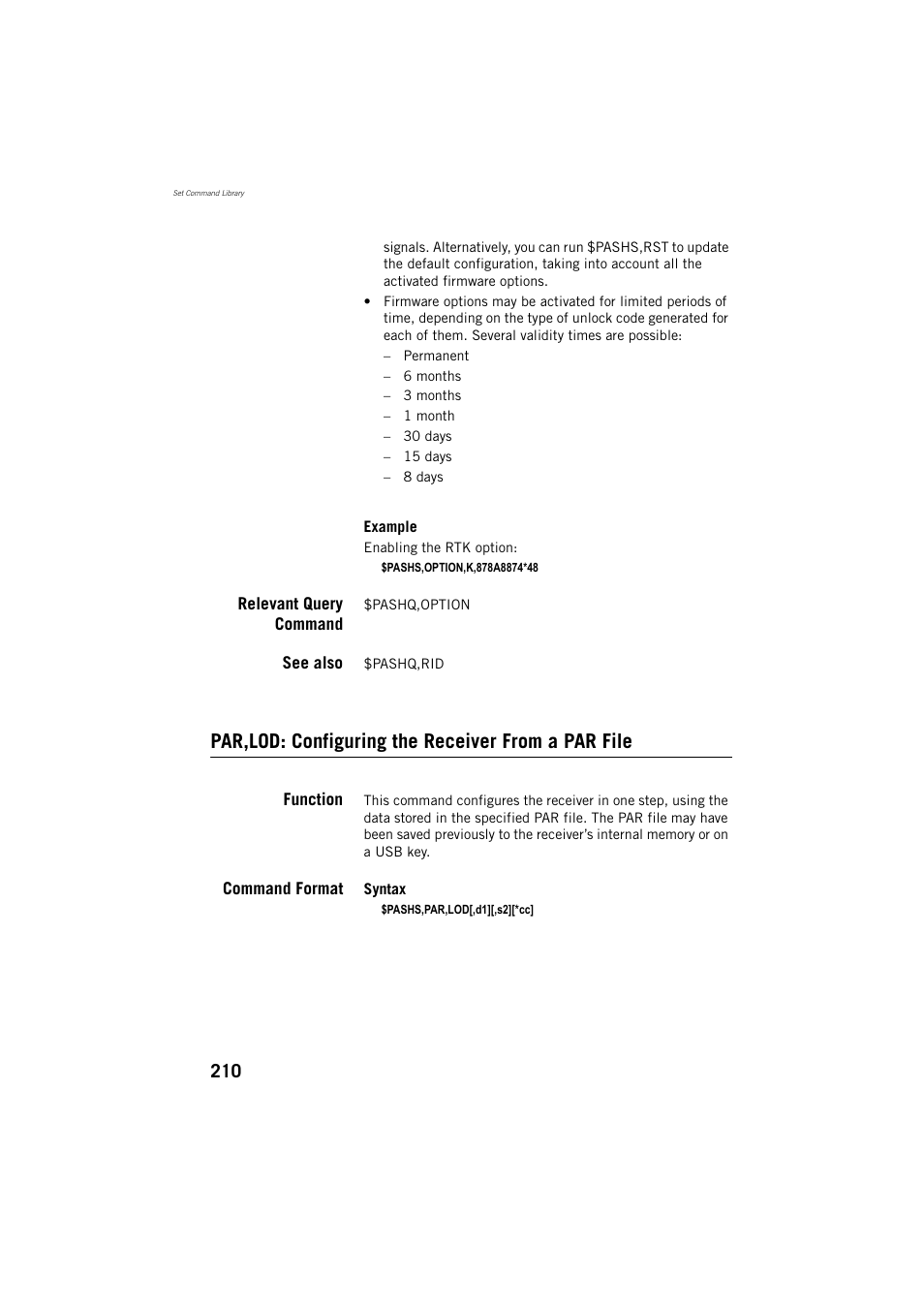 Par,lod: configuring the receiver from a par file | Spectra Precision ProMark 800 Reference Manual User Manual | Page 222 / 428