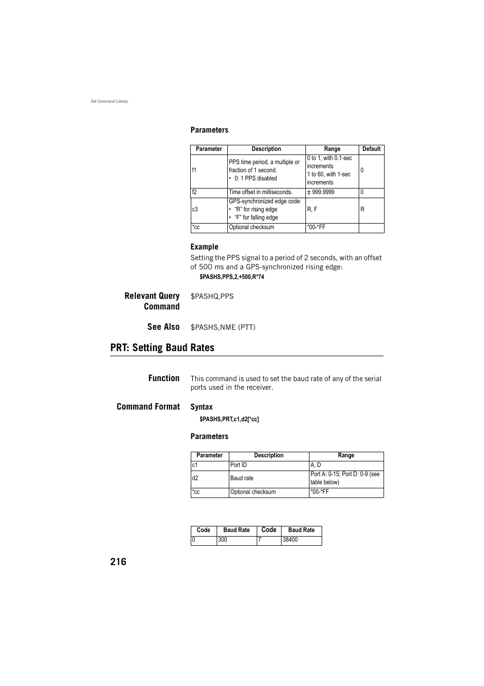Prt: setting baud rates, Relevant query command, See also | Function, Command format | Spectra Precision ProMark 800 Reference Manual User Manual | Page 228 / 428