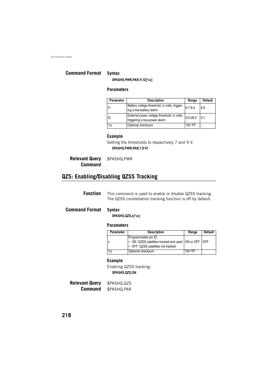Qzs: enabling/disabling qzss tracking, Command format, Relevant query command | Function | Spectra Precision ProMark 800 Reference Manual User Manual | Page 230 / 428