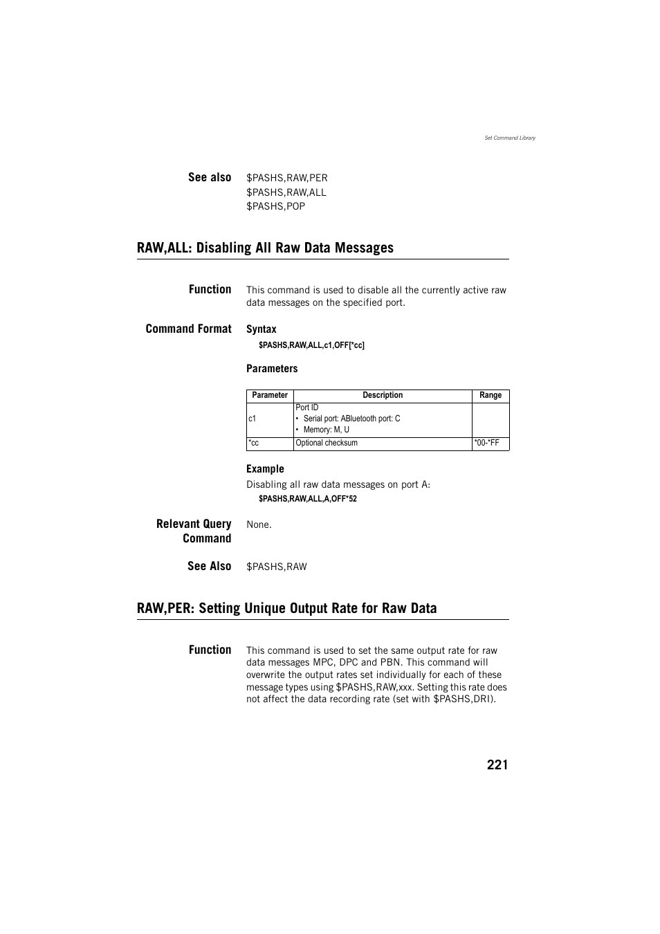 Raw,all: disabling all raw data messages, Raw,per: setting unique output rate for raw data | Spectra Precision ProMark 800 Reference Manual User Manual | Page 233 / 428