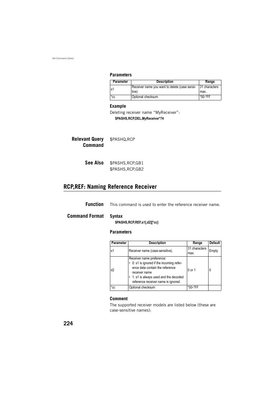 Rcp,ref: naming reference receiver, Relevant query command, See also | Function, Command format | Spectra Precision ProMark 800 Reference Manual User Manual | Page 236 / 428