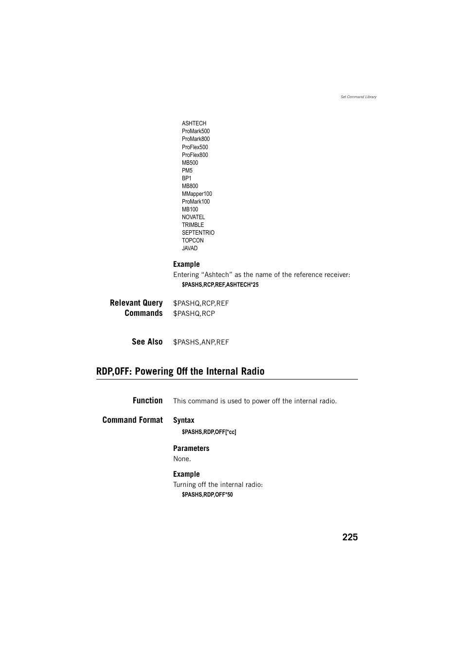Rdp,off: powering off the internal radio | Spectra Precision ProMark 800 Reference Manual User Manual | Page 237 / 428