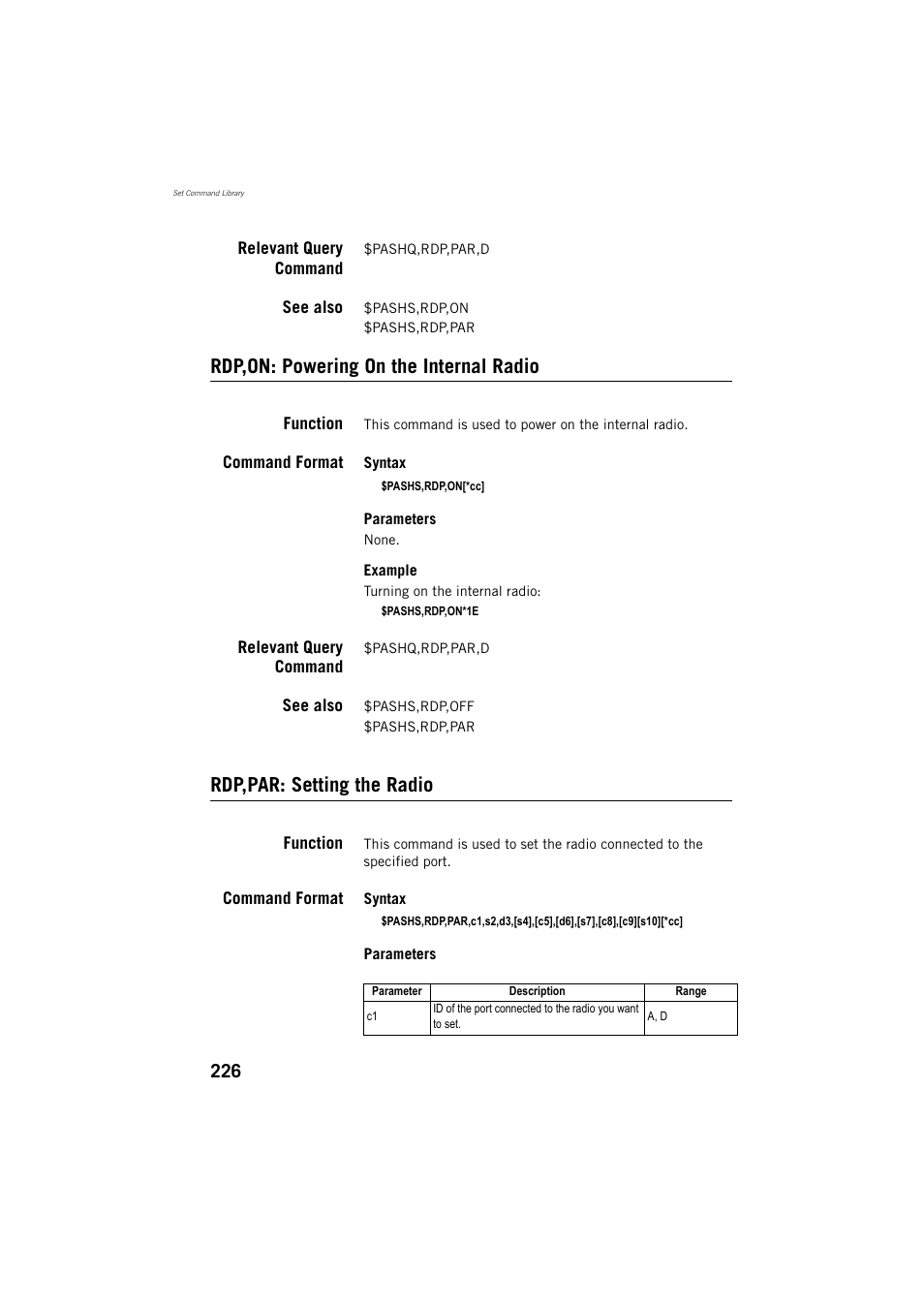 Rdp,on: powering on the internal radio, Rdp,par: setting the radio | Spectra Precision ProMark 800 Reference Manual User Manual | Page 238 / 428