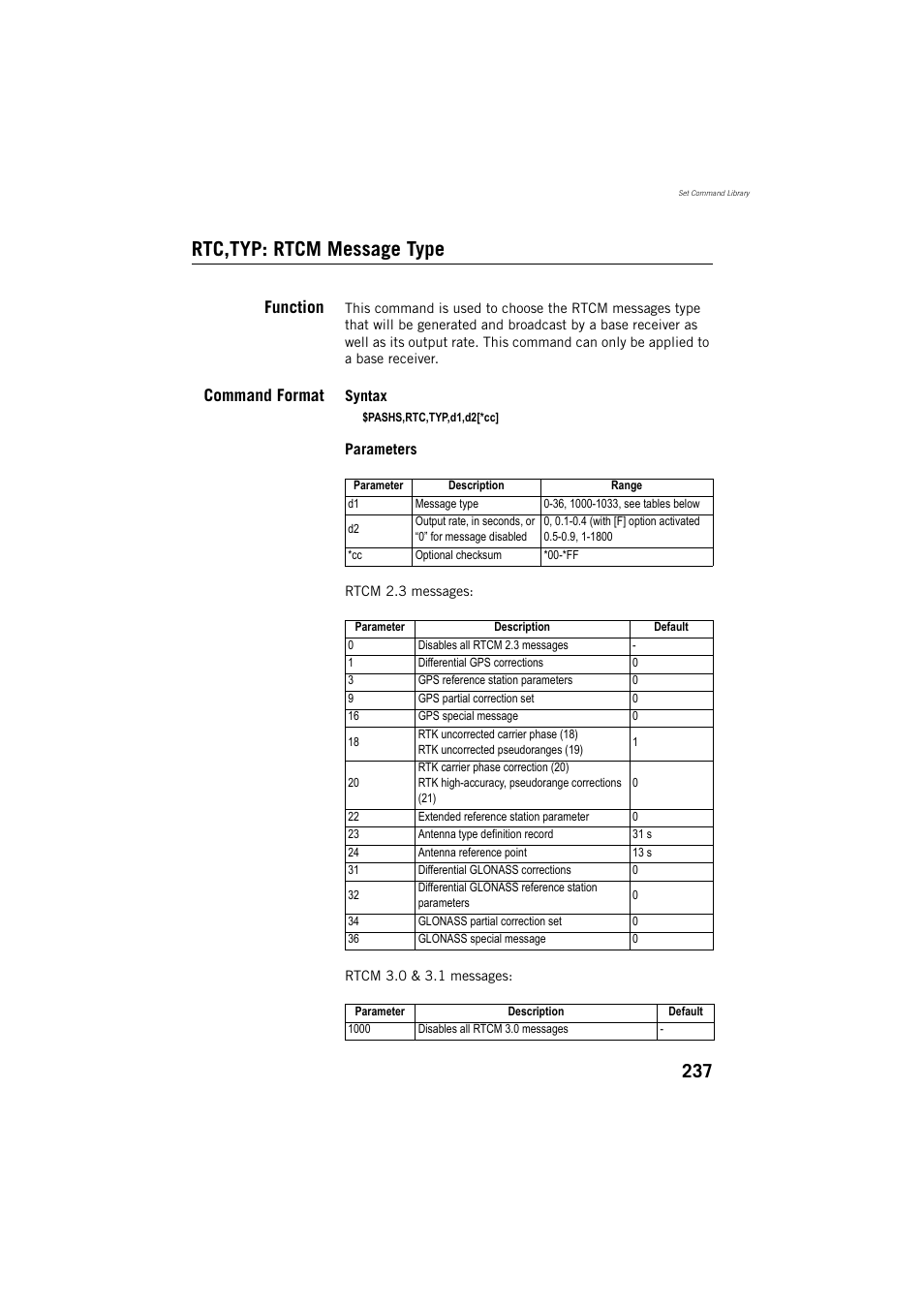 Rtc,typ: rtcm message type, Function, Command format | Spectra Precision ProMark 800 Reference Manual User Manual | Page 249 / 428
