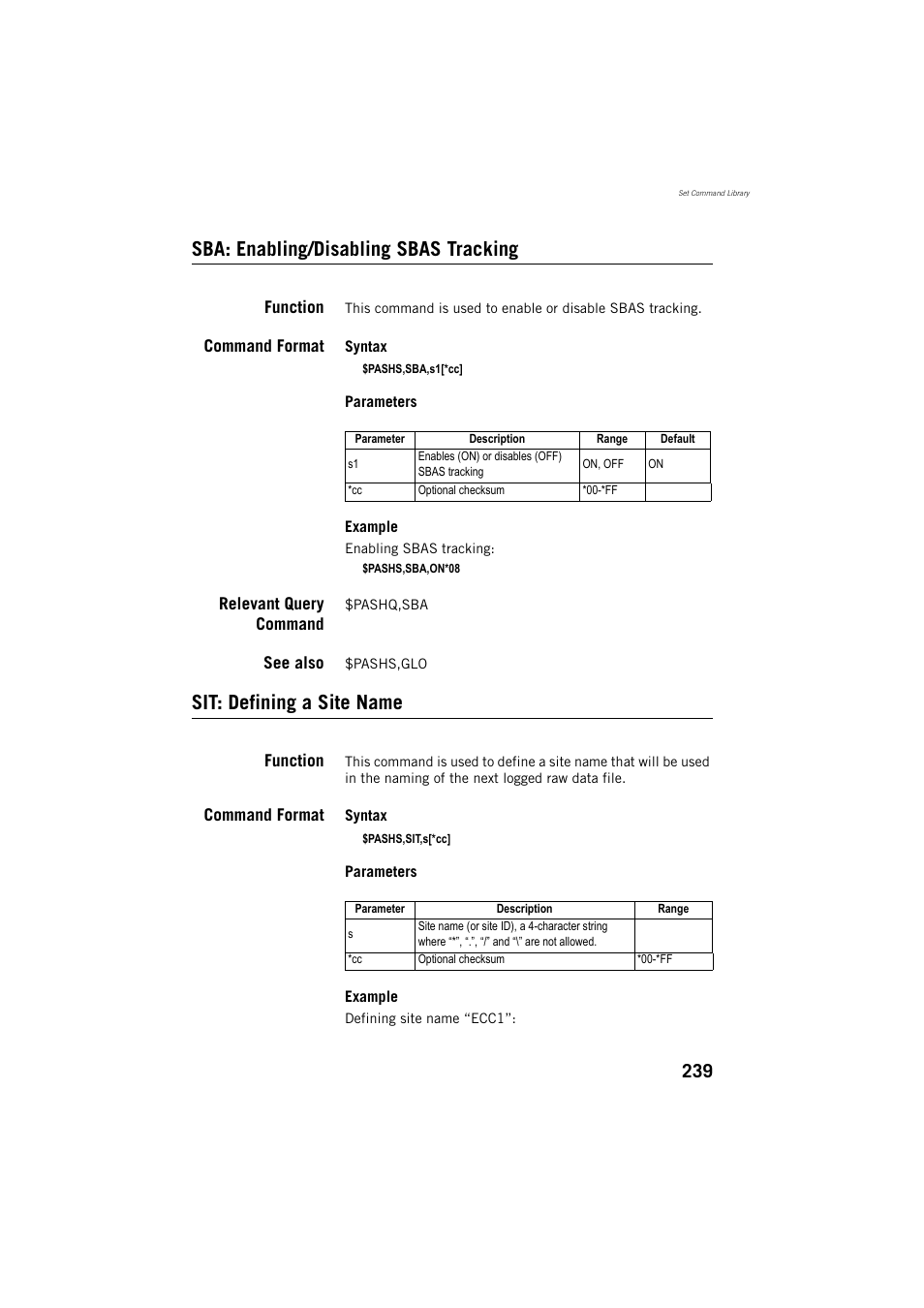 Sba: enabling/disabling sbas tracking, Sit: defining a site name | Spectra Precision ProMark 800 Reference Manual User Manual | Page 251 / 428