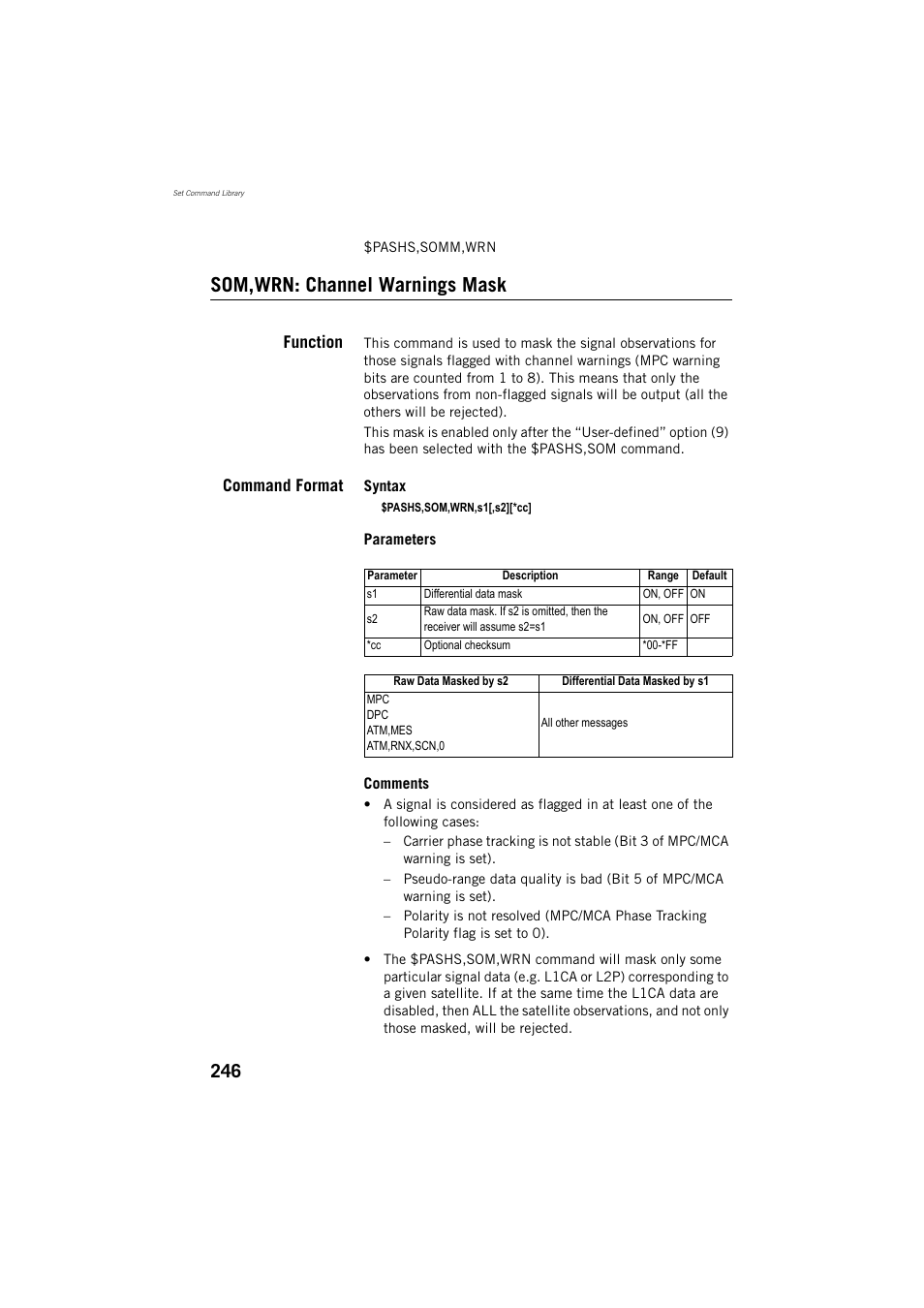 Som,wrn: channel warnings mask, Function, Command format | Spectra Precision ProMark 800 Reference Manual User Manual | Page 258 / 428