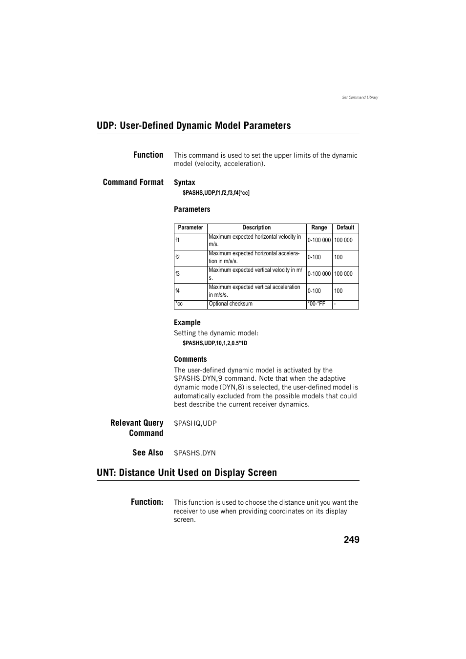 Udp: user-defined dynamic model parameters, Unt: distance unit used on display screen | Spectra Precision ProMark 800 Reference Manual User Manual | Page 261 / 428