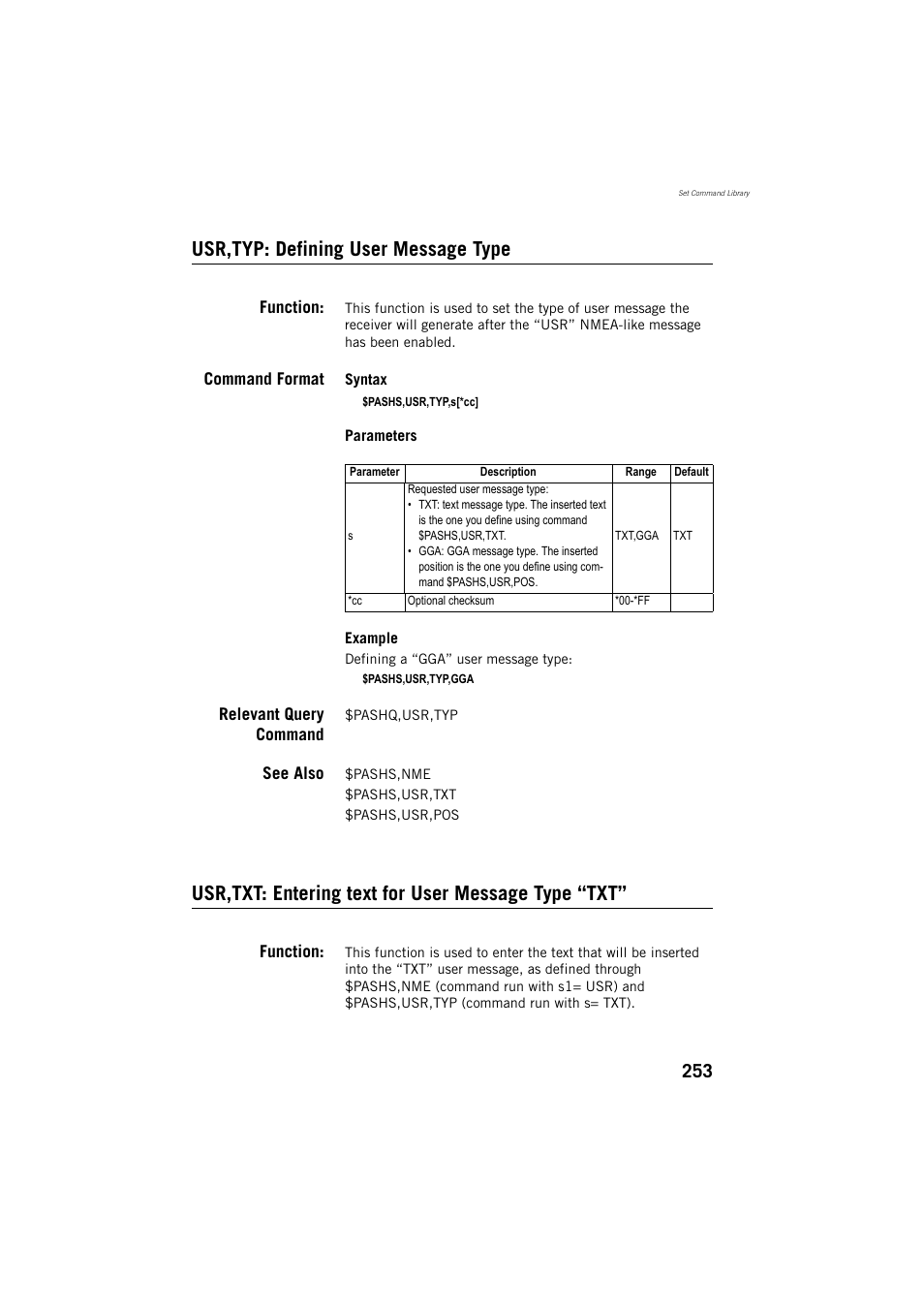Usr,typ: defining user message type, Usr,txt: entering text for user message type “txt | Spectra Precision ProMark 800 Reference Manual User Manual | Page 265 / 428