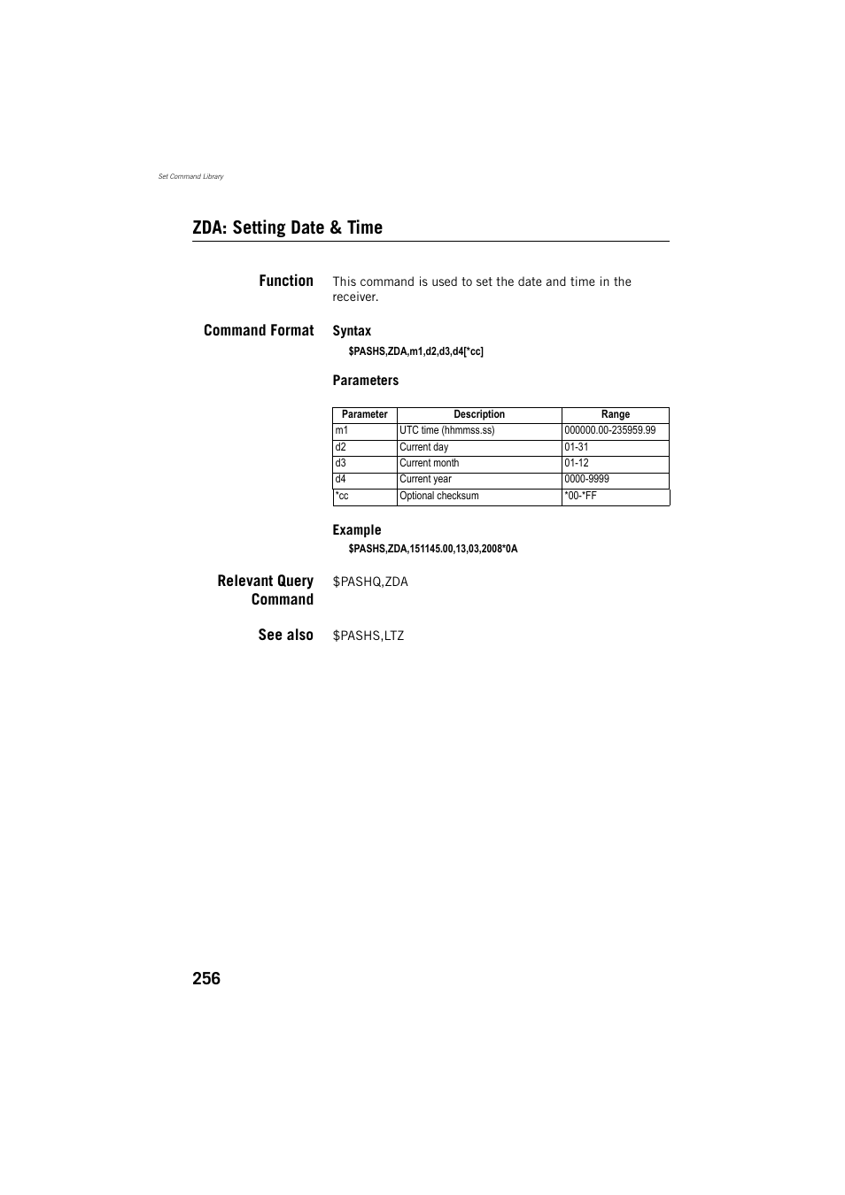 Zda: setting date & time, Function, Command format | Relevant query command, See also | Spectra Precision ProMark 800 Reference Manual User Manual | Page 268 / 428