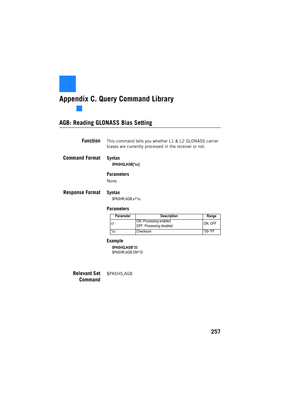 Appendix c. query command library, Agb: reading glonass bias setting | Spectra Precision ProMark 800 Reference Manual User Manual | Page 269 / 428