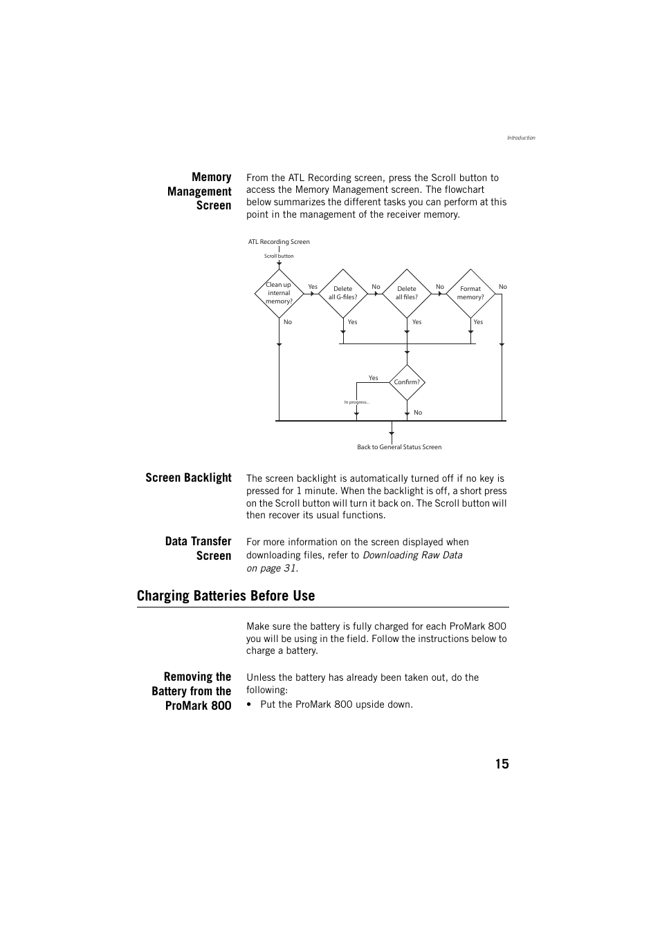 Charging batteries before use, Screen backlight, Data transfer screen | Removing the battery from the promark 800 | Spectra Precision ProMark 800 Reference Manual User Manual | Page 27 / 428
