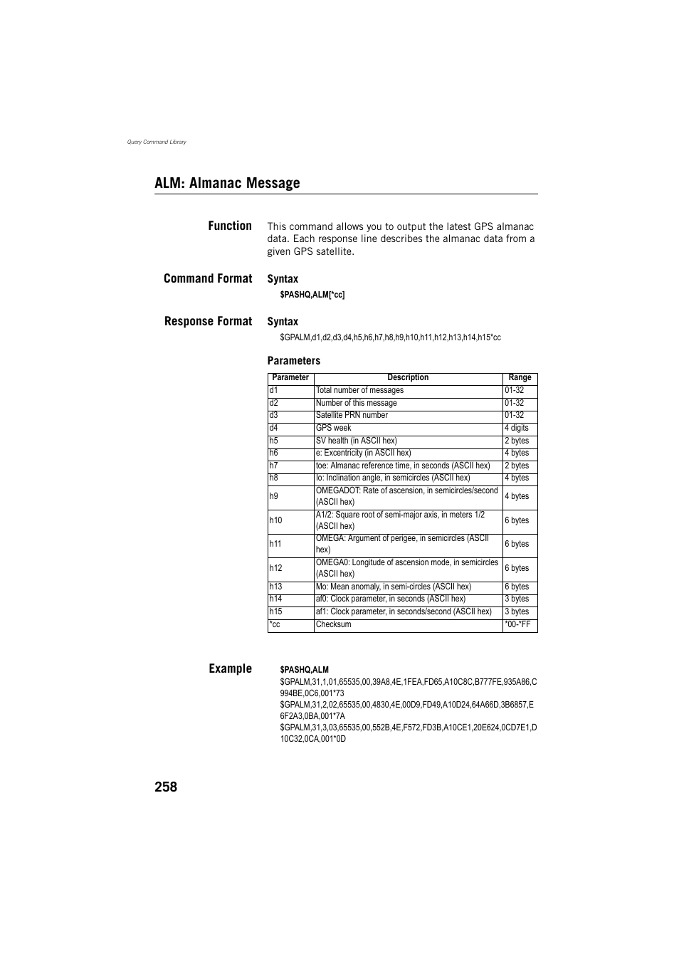 Alm: almanac message, Function, Command format | Response format, Example | Spectra Precision ProMark 800 Reference Manual User Manual | Page 270 / 428
