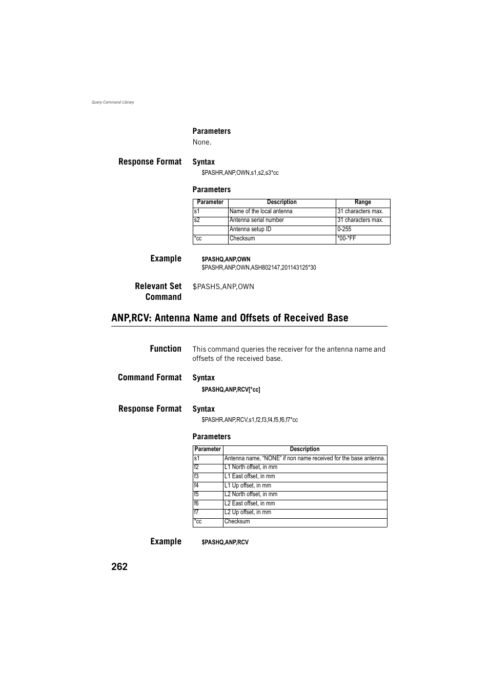 Anp,rcv: antenna name and offsets of received base, Response format, Example | Relevant set command, Function, Command format | Spectra Precision ProMark 800 Reference Manual User Manual | Page 274 / 428