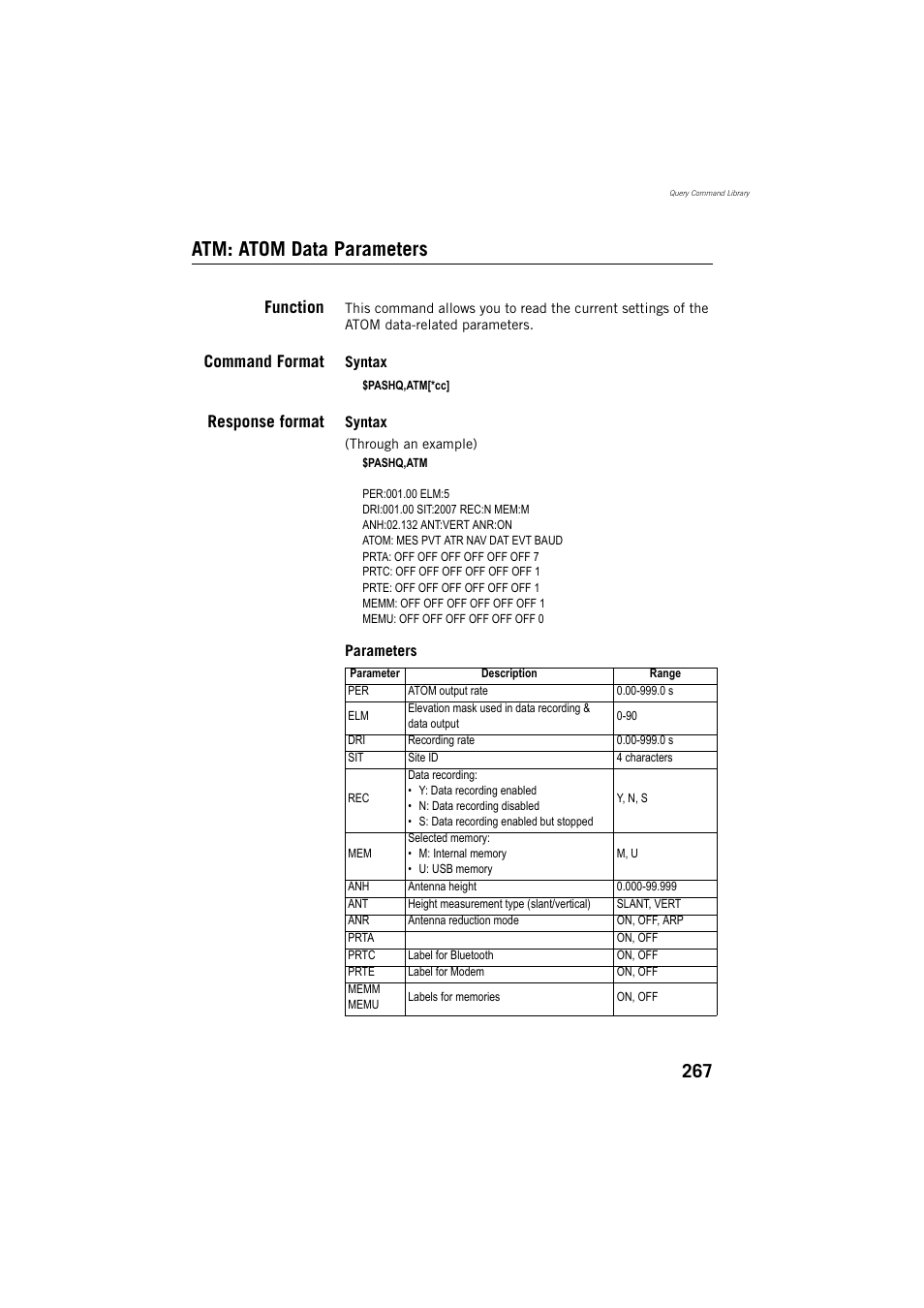 Atm: atom data parameters, Function, Command format | Response format | Spectra Precision ProMark 800 Reference Manual User Manual | Page 279 / 428