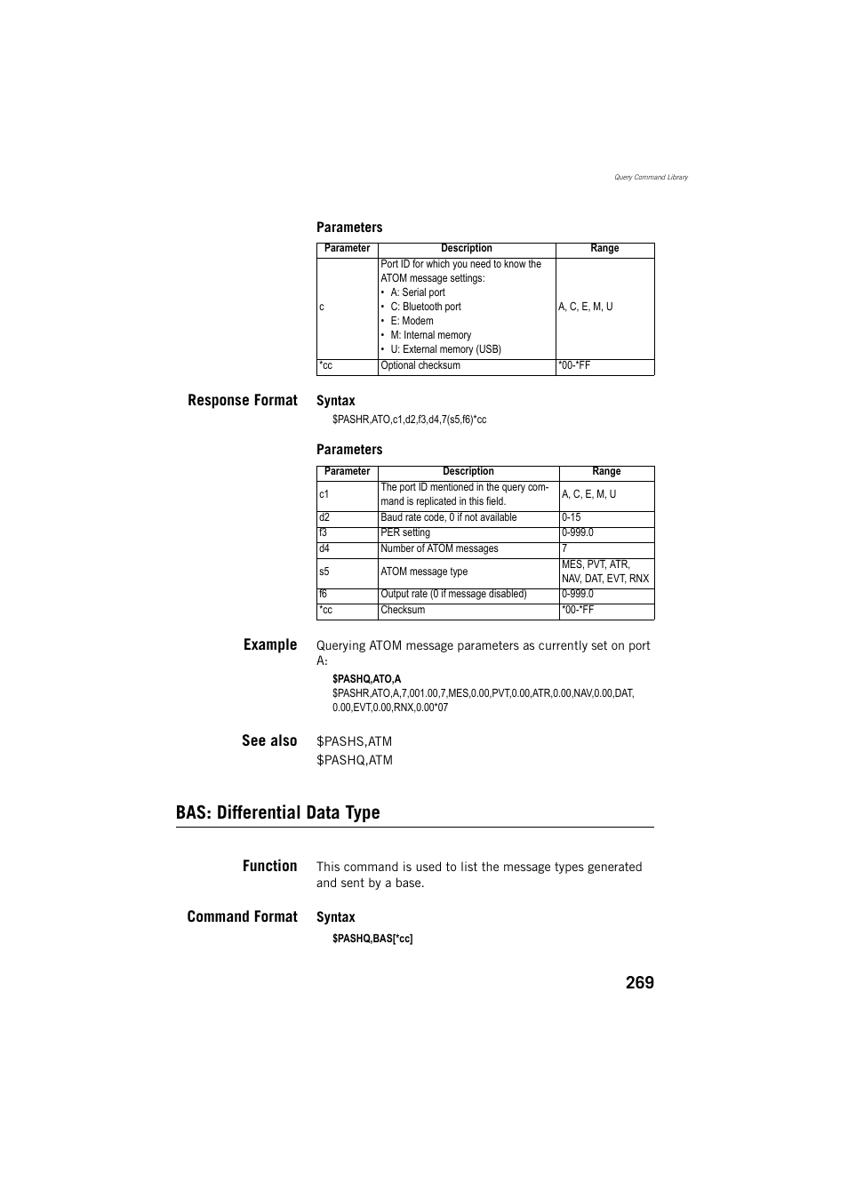 Bas: differential data type, Response format, Example | See also, Function, Command format | Spectra Precision ProMark 800 Reference Manual User Manual | Page 281 / 428
