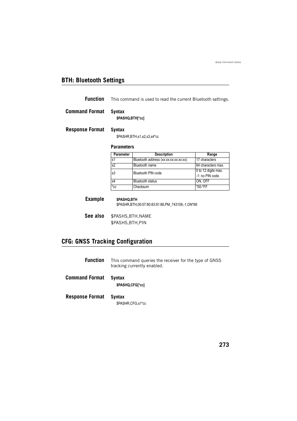 Bth: bluetooth settings, Cfg: gnss tracking configuration | Spectra Precision ProMark 800 Reference Manual User Manual | Page 285 / 428