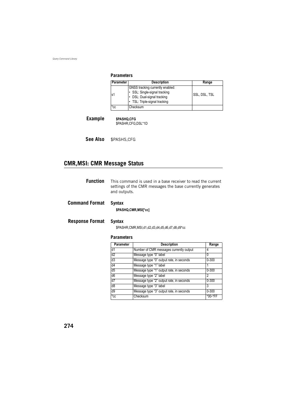 Cmr,msi: cmr message status, Example, See also | Function, Command format, Response format | Spectra Precision ProMark 800 Reference Manual User Manual | Page 286 / 428