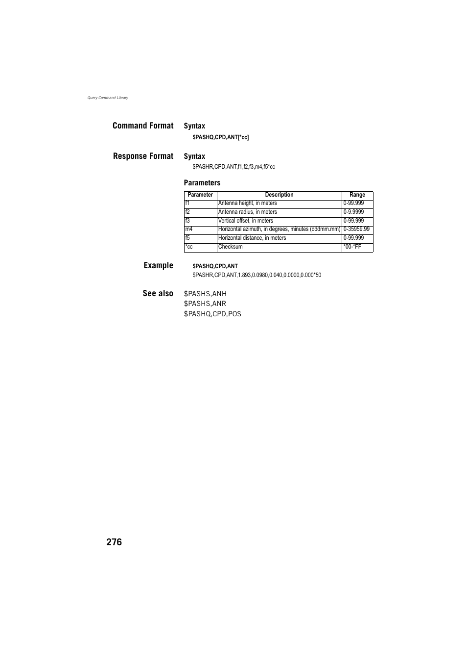 Command format, Response format, Example | See also | Spectra Precision ProMark 800 Reference Manual User Manual | Page 288 / 428