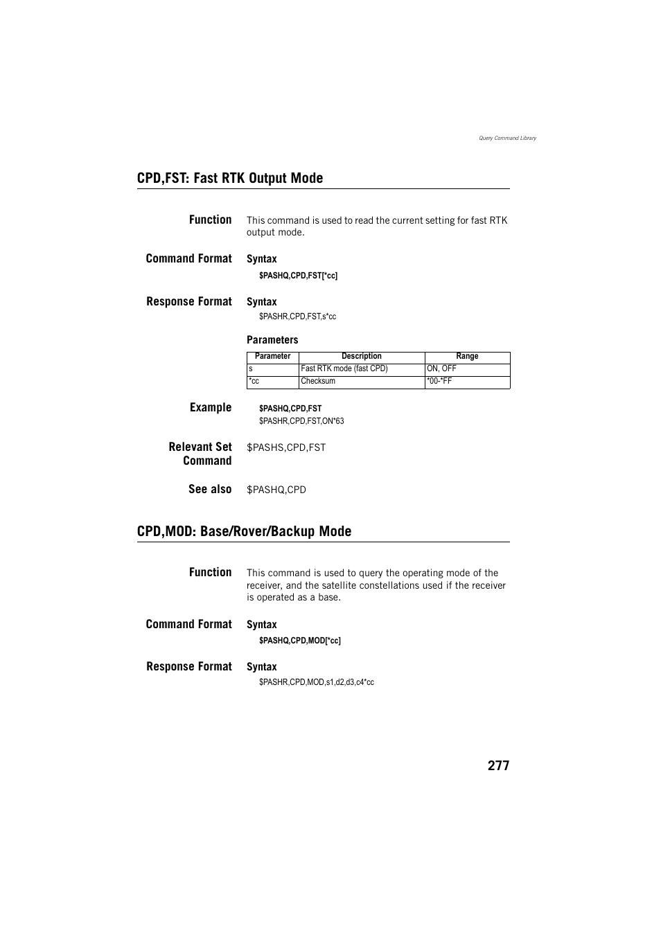 Cpd,fst: fast rtk output mode, Cpd,mod: base/rover/backup mode | Spectra Precision ProMark 800 Reference Manual User Manual | Page 289 / 428
