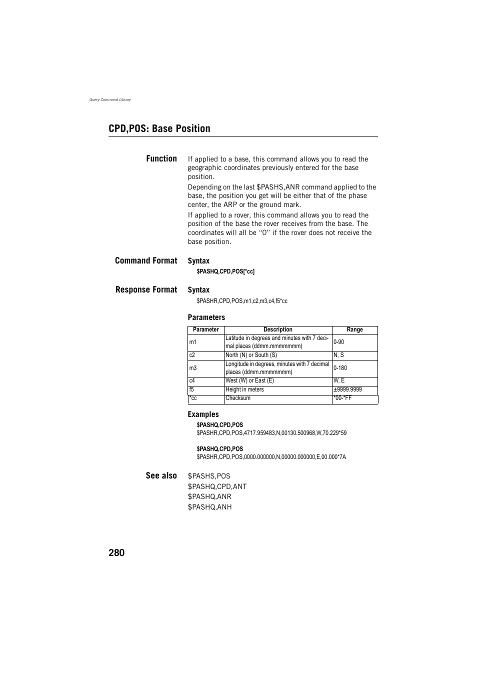 Cpd,pos: base position, Function, Command format | Response format, See also | Spectra Precision ProMark 800 Reference Manual User Manual | Page 292 / 428