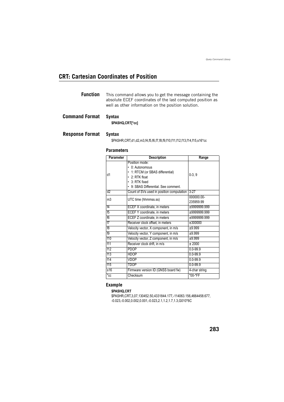 Crt: cartesian coordinates of position, Function, Command format | Response format | Spectra Precision ProMark 800 Reference Manual User Manual | Page 295 / 428