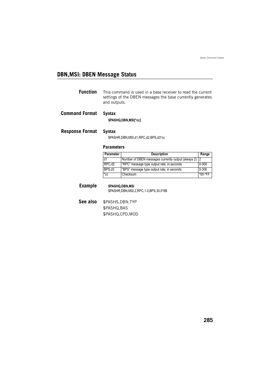 Dbn,msi: dben message status | Spectra Precision ProMark 800 Reference Manual User Manual | Page 297 / 428