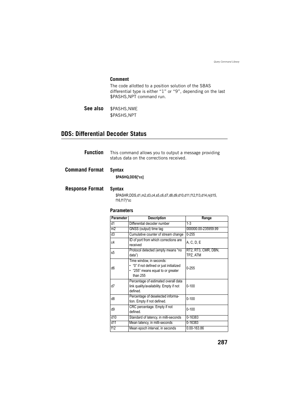 Dds: differential decoder status, See also, Function | Command format, Response format | Spectra Precision ProMark 800 Reference Manual User Manual | Page 299 / 428