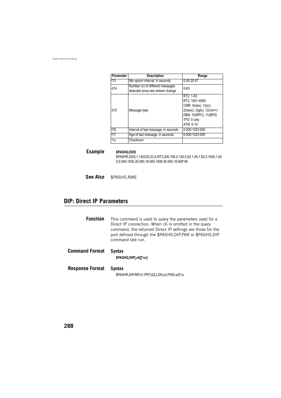 Dip: direct ip parameters, Example, See also | Function, Command format, Response format | Spectra Precision ProMark 800 Reference Manual User Manual | Page 300 / 428