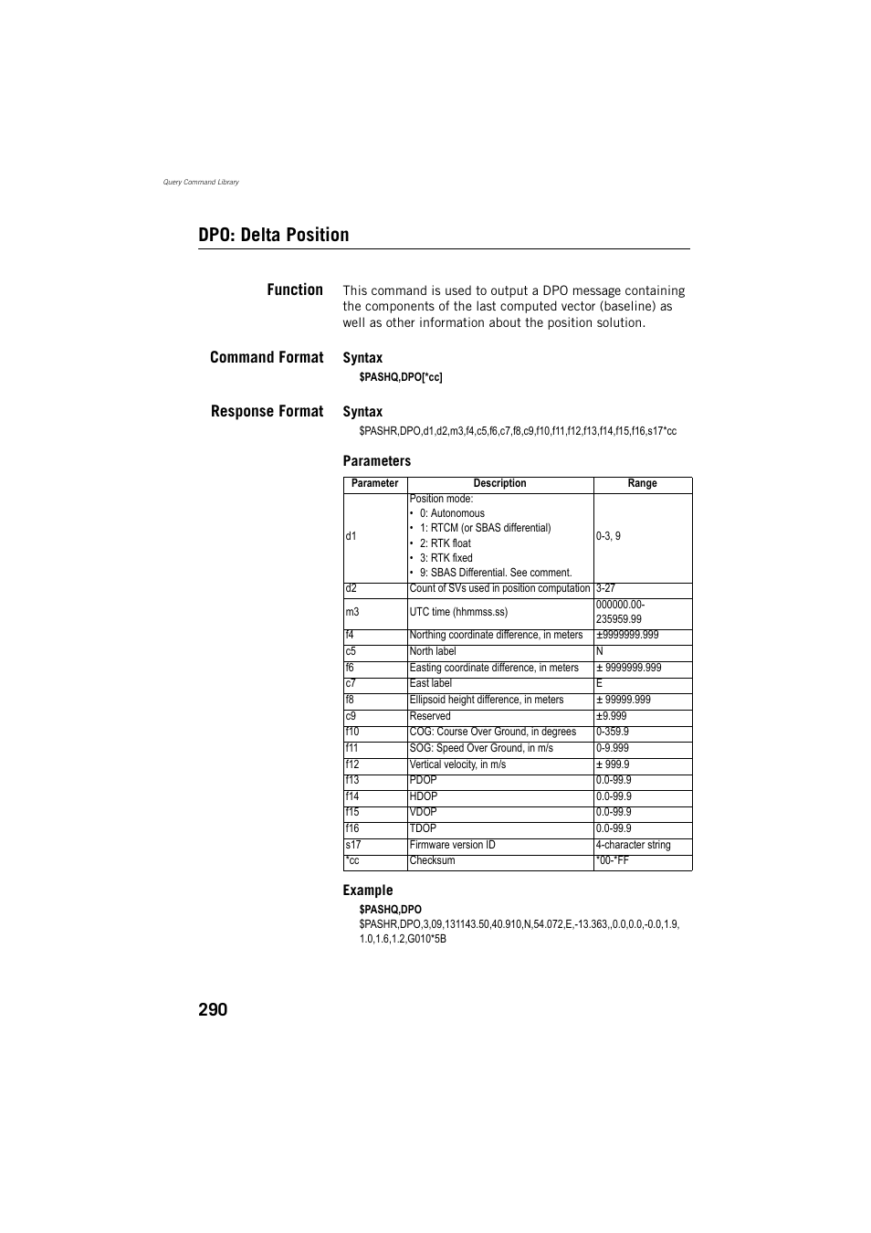 Dpo: delta position, Function, Command format | Response format | Spectra Precision ProMark 800 Reference Manual User Manual | Page 302 / 428
