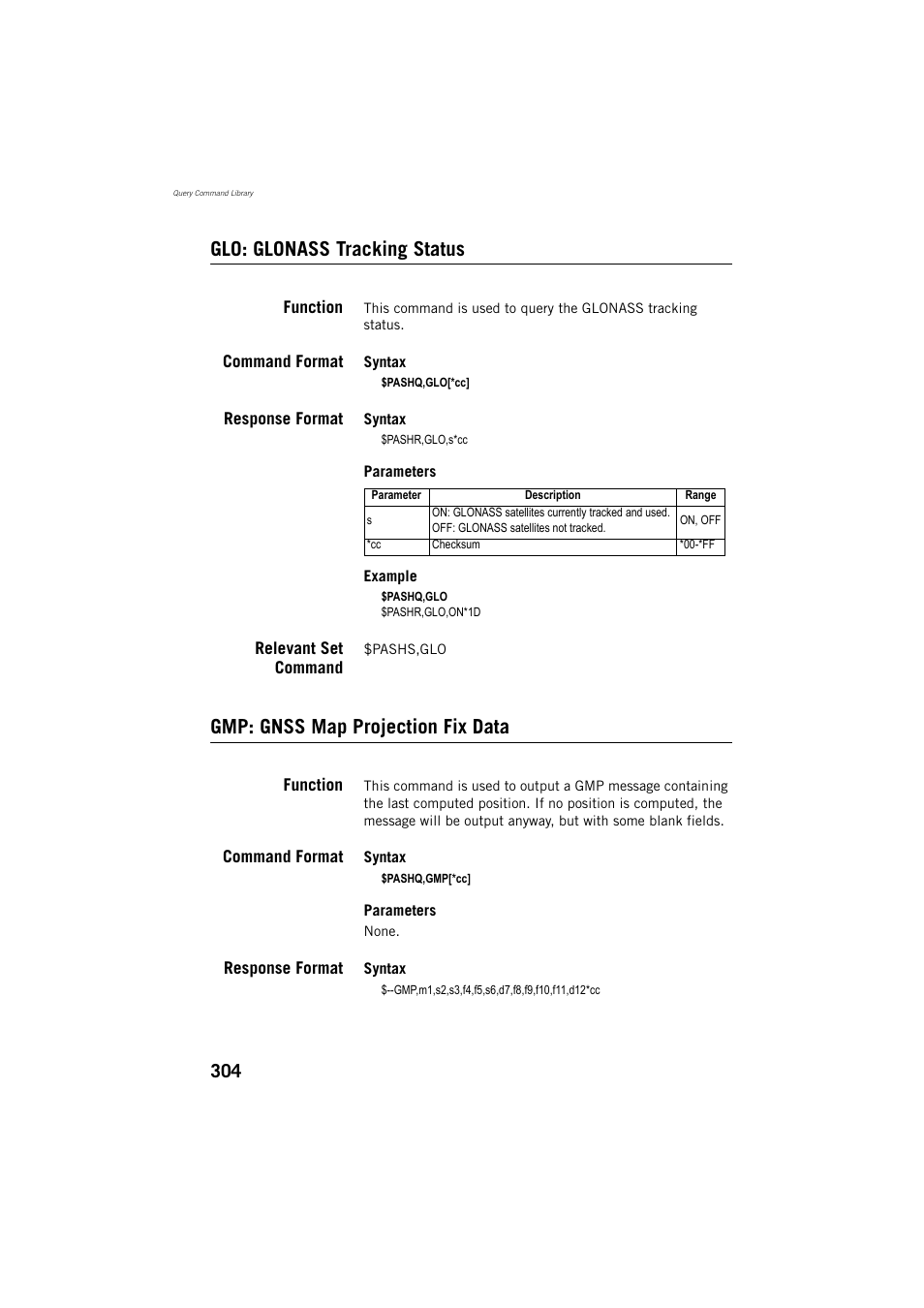 Glo: glonass tracking status, Gmp: gnss map projection fix data | Spectra Precision ProMark 800 Reference Manual User Manual | Page 316 / 428