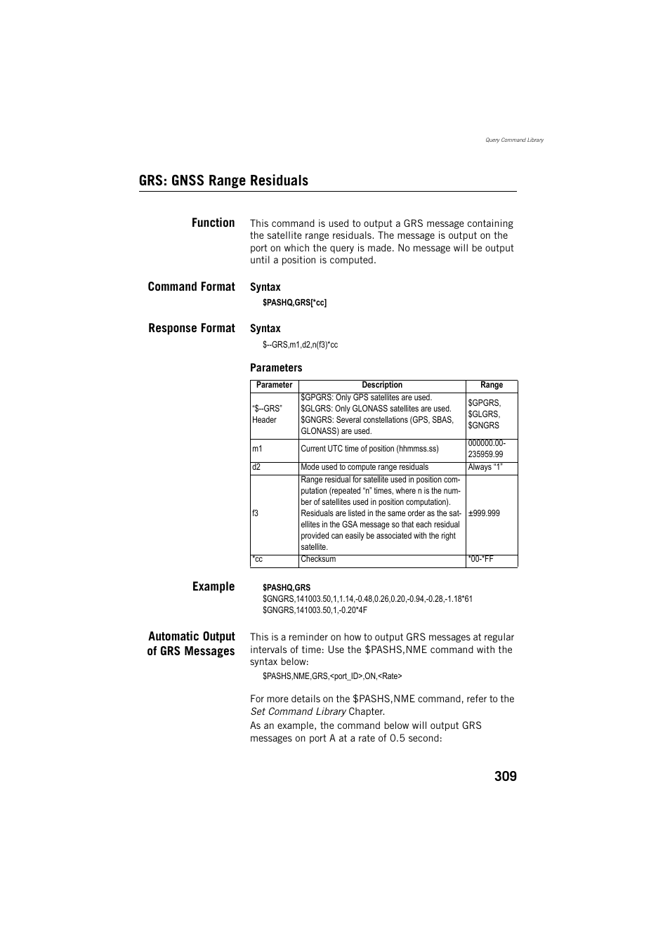 Grs: gnss range residuals, Function, Command format | Response format, Example, Automatic output of grs messages | Spectra Precision ProMark 800 Reference Manual User Manual | Page 321 / 428