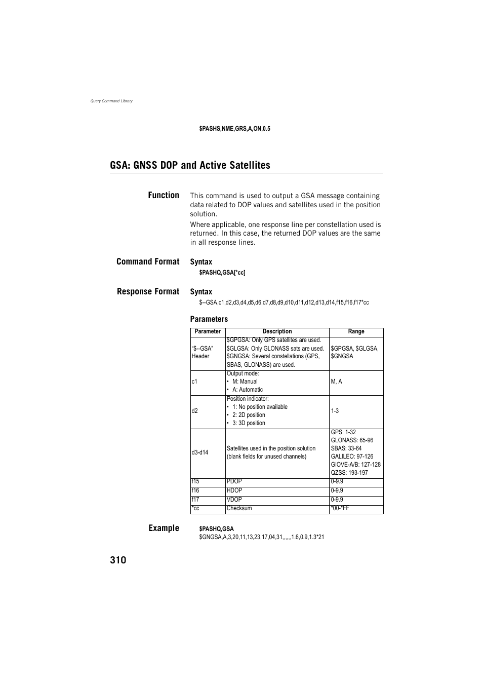 Gsa: gnss dop and active satellites, Function, Command format | Response format, Example | Spectra Precision ProMark 800 Reference Manual User Manual | Page 322 / 428