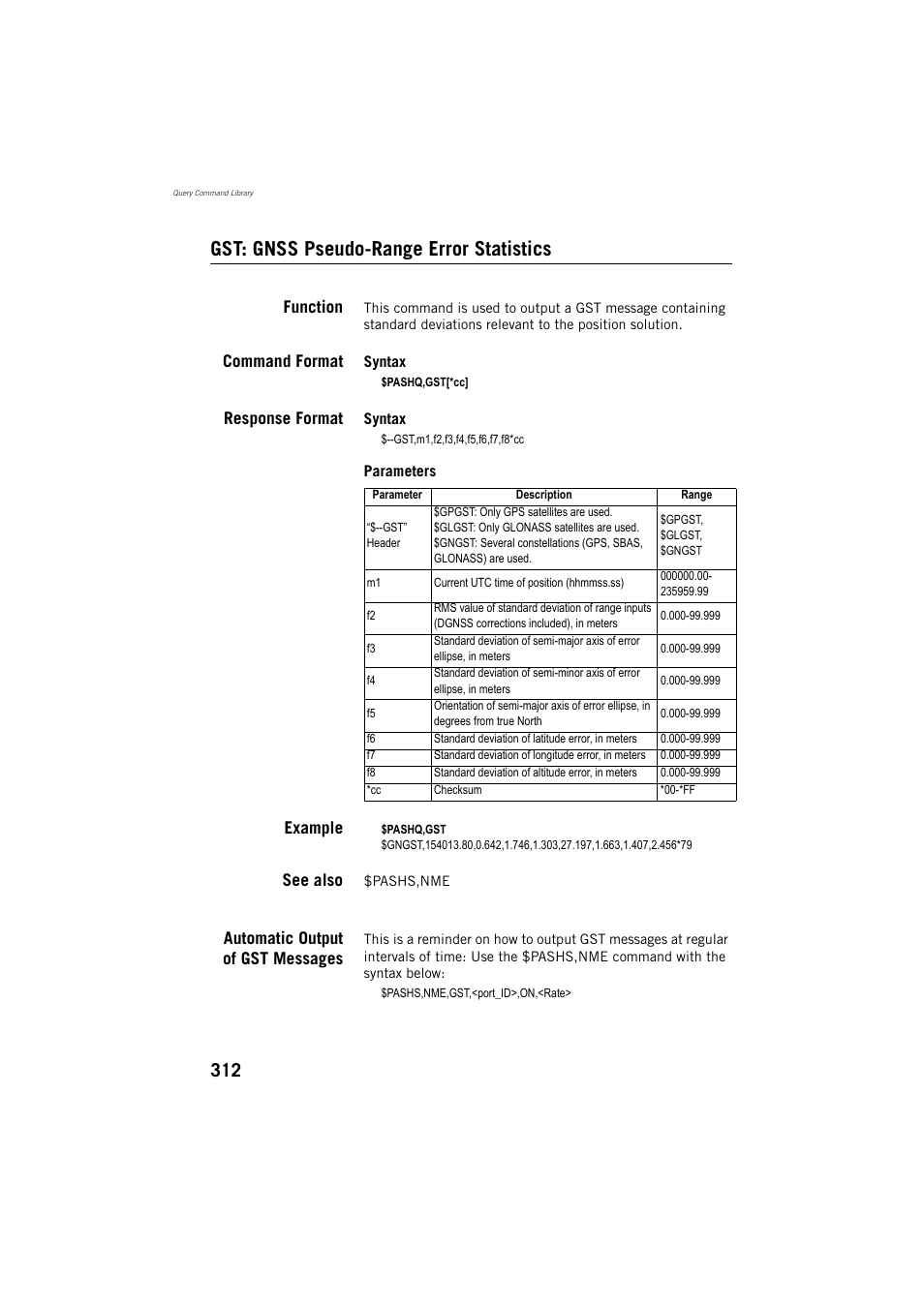 Gst: gnss pseudo-range error statistics, Function, Command format | Response format, Example, See also, Automatic output of gst messages | Spectra Precision ProMark 800 Reference Manual User Manual | Page 324 / 428