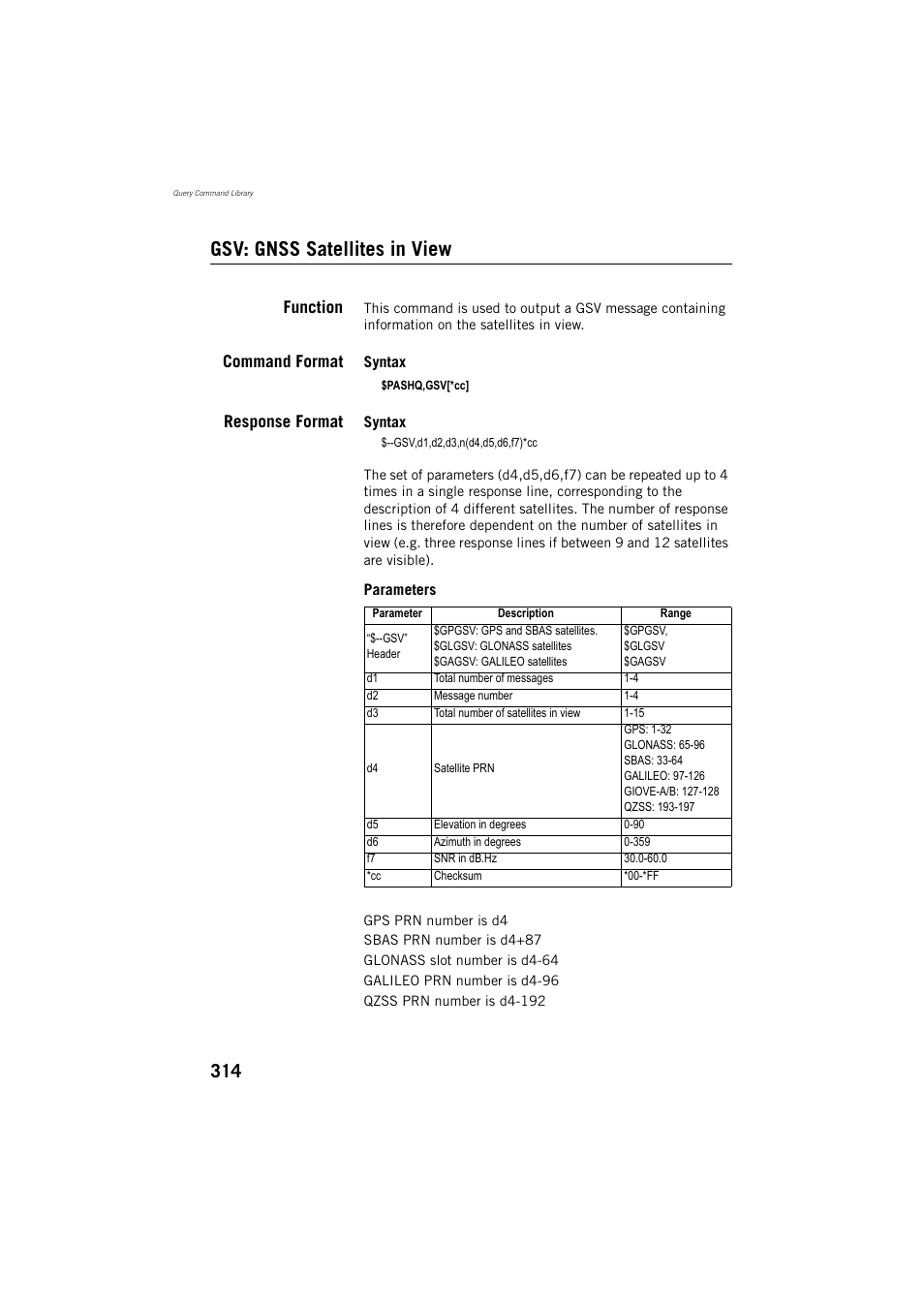 Gsv: gnss satellites in view, Function, Command format | Response format | Spectra Precision ProMark 800 Reference Manual User Manual | Page 326 / 428