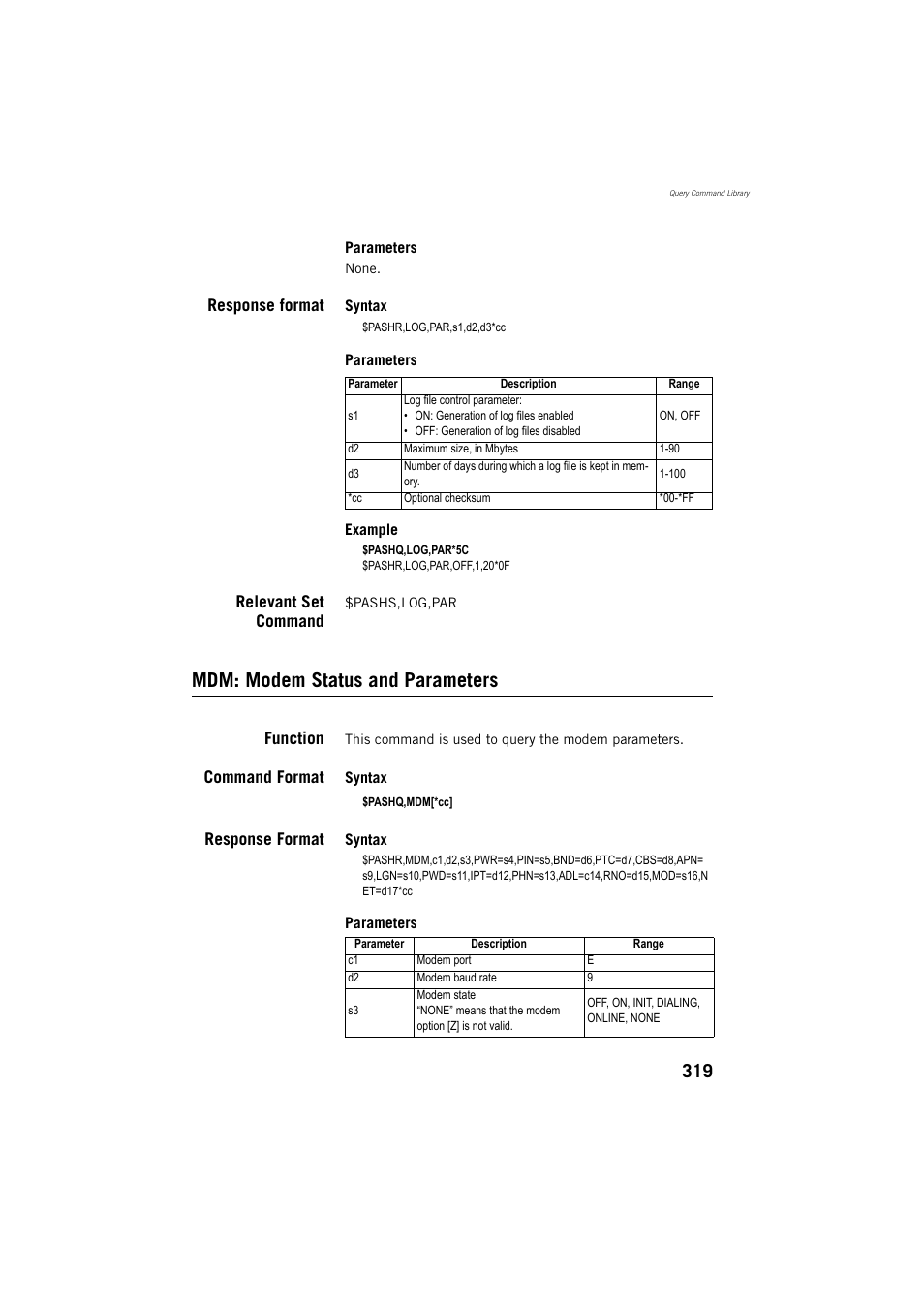Mdm: modem status and parameters, Response format, Relevant set command | Function, Command format | Spectra Precision ProMark 800 Reference Manual User Manual | Page 331 / 428