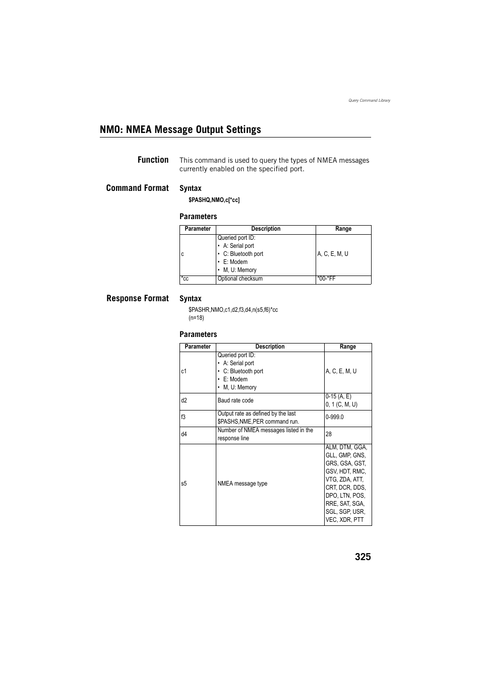 Nmo: nmea message output settings, Function, Command format | Response format | Spectra Precision ProMark 800 Reference Manual User Manual | Page 337 / 428