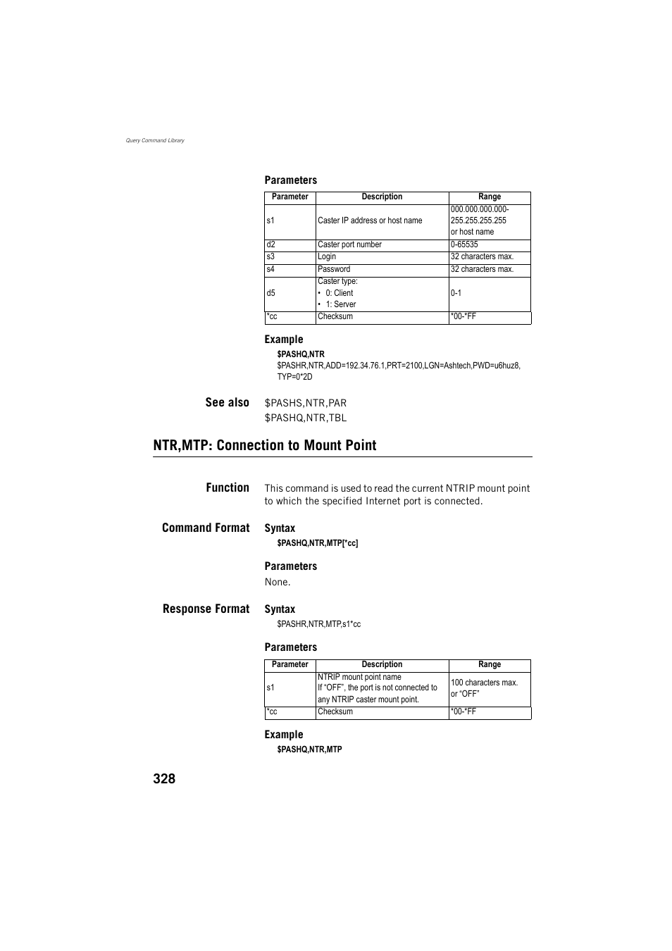Ntr,mtp: connection to mount point, See also, Function | Command format, Response format | Spectra Precision ProMark 800 Reference Manual User Manual | Page 340 / 428