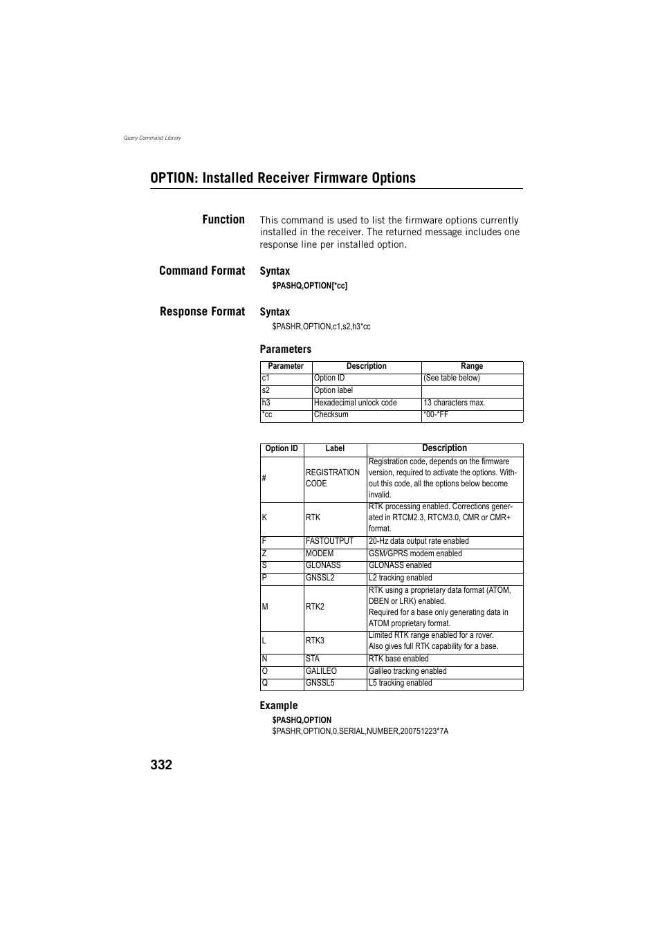 Option: installed receiver firmware options, Function, Command format | Response format | Spectra Precision ProMark 800 Reference Manual User Manual | Page 344 / 428