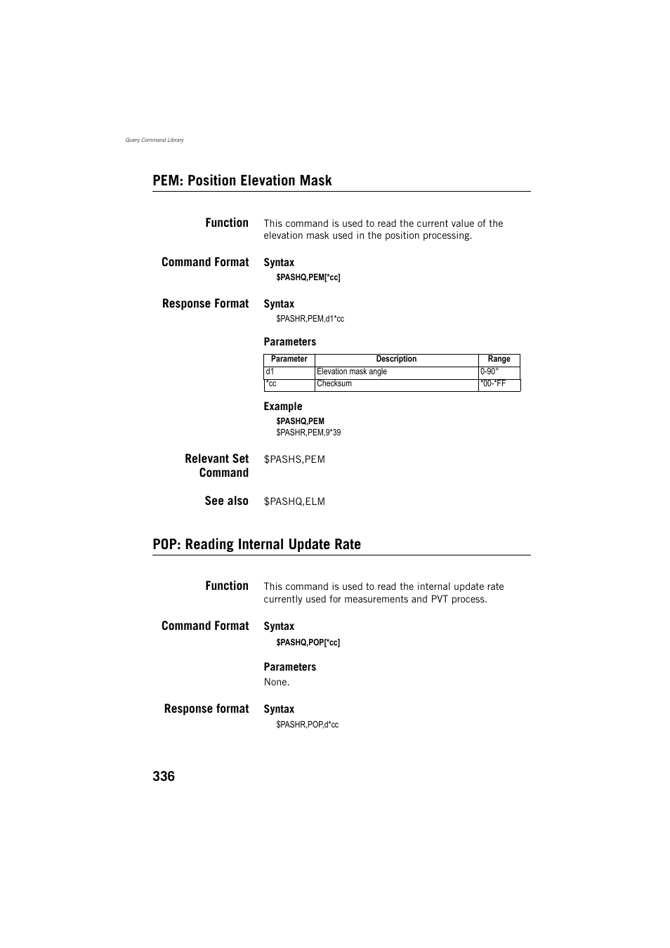 Pem: position elevation mask, Pop: reading internal update rate | Spectra Precision ProMark 800 Reference Manual User Manual | Page 348 / 428