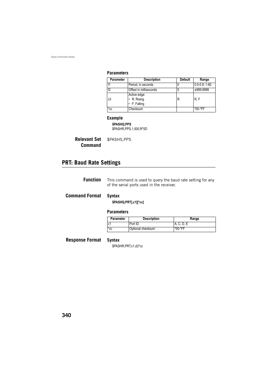 Prt: baud rate settings, Relevant set command, Function | Command format, Response format | Spectra Precision ProMark 800 Reference Manual User Manual | Page 352 / 428