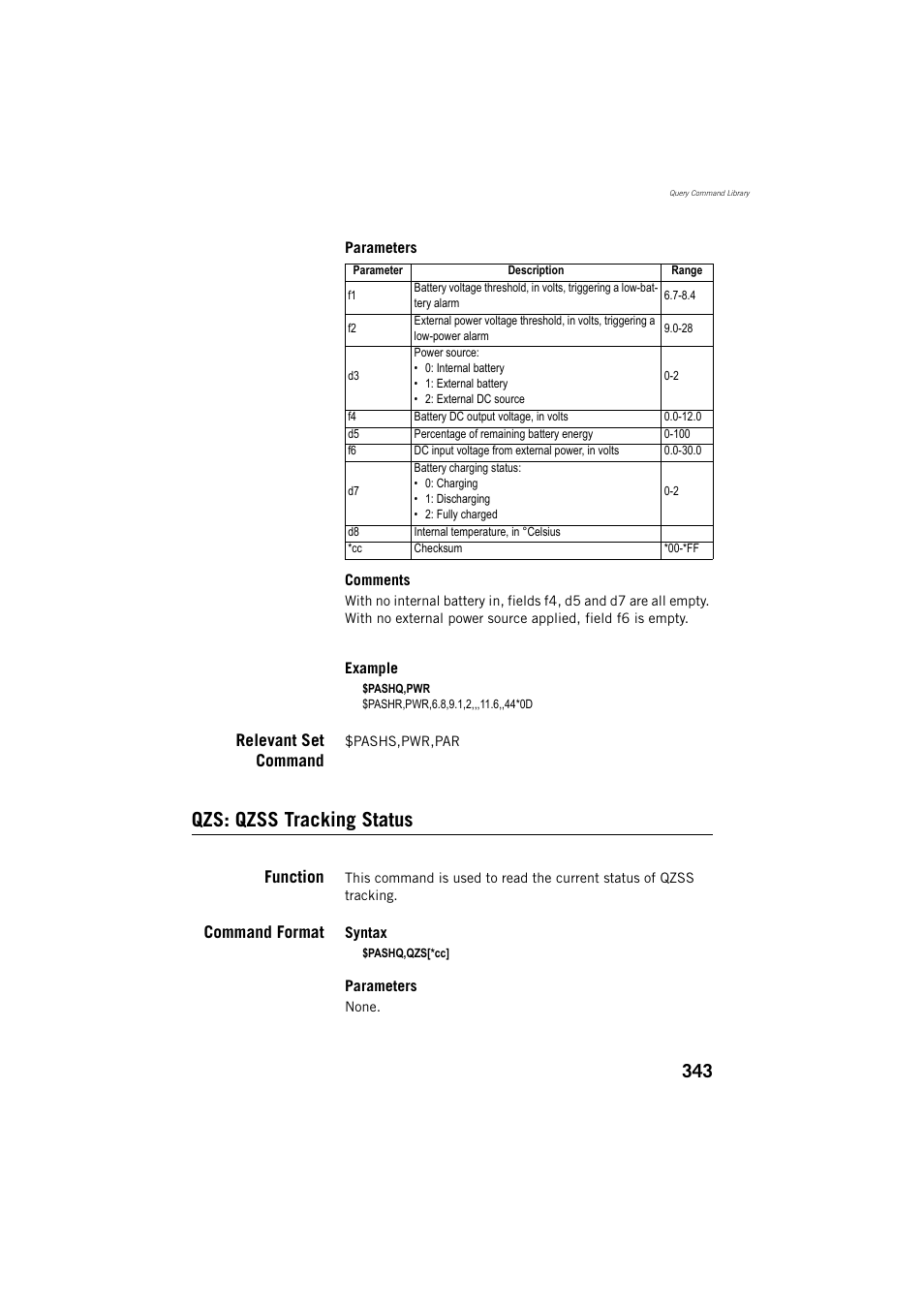 Qzs: qzss tracking status, Relevant set command, Function | Command format | Spectra Precision ProMark 800 Reference Manual User Manual | Page 355 / 428