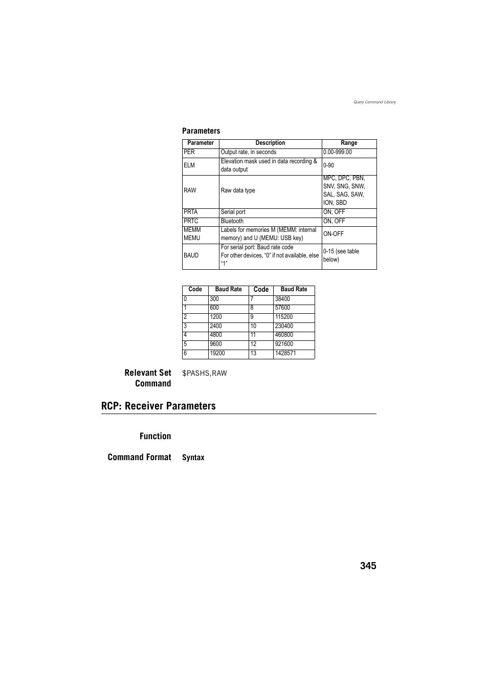 Rcp: receiver parameters, Relevant set command, Function command format | Spectra Precision ProMark 800 Reference Manual User Manual | Page 357 / 428