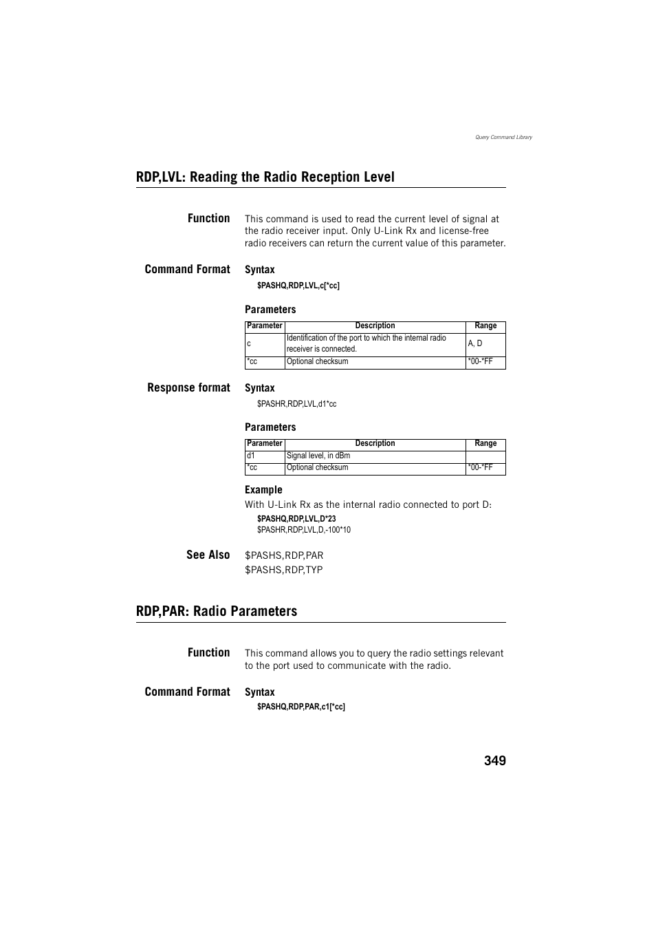 Rdp,lvl: reading the radio reception level, Rdp,par: radio parameters | Spectra Precision ProMark 800 Reference Manual User Manual | Page 361 / 428