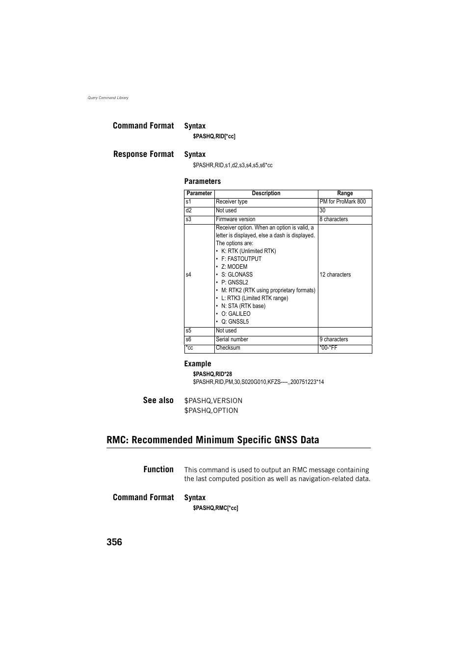 Rmc: recommended minimum specific gnss data, Command format, Response format | See also, Function | Spectra Precision ProMark 800 Reference Manual User Manual | Page 368 / 428