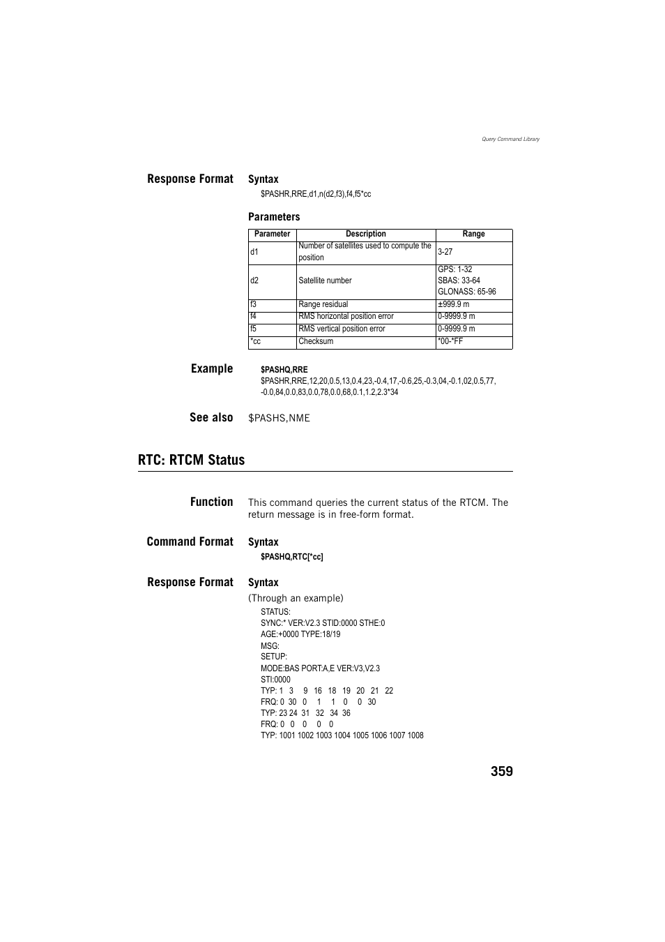 Rtc: rtcm status, Response format, Example | See also, Function, Command format | Spectra Precision ProMark 800 Reference Manual User Manual | Page 371 / 428