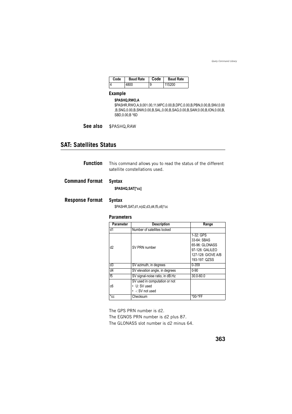 Sat: satellites status, See also, Function | Command format, Response format | Spectra Precision ProMark 800 Reference Manual User Manual | Page 375 / 428